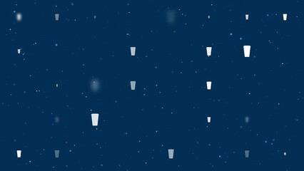Poster - Template animation of evenly spaced paper coffee cups of different sizes and opacity. Animation of transparency and size. Seamless looped 4k animation on dark blue background with stars