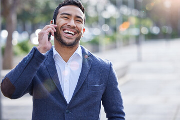 Poster - Happy, businessman and fashion with smartphone for phone call, conversation and networking on commute to work. Excited, male employee and mobile with laughing, communication and connection in city