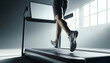 Feet run on a high-tech treadmill in a bright gym setting. Modern treadmills in gyms have technology for better running.