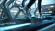 Feet in motion on a treadmill that features new, sleek tech. Modern gym equipment like the advanced treadmill enhances fitness routines.