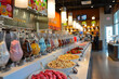 Frozen yogurt bar setup with an array of toppings like nuts, fruits, and syrups, bright and inviting ambiance
