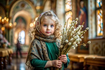 Palm Sunday. Christianity. Portrait of a three-year-old girl in a Russian folk shawl with willow branches in her hands against the background of an Orthodox church.