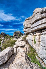 Canvas Print - Karst landscape of Torcal de Antequera in Andalusia. Large valley with Mediterranean vegetation surrounded by vertical limestone rock walls