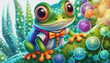 oil painting style CARTOON CHARACTER CUTE BABY frog Molecular biologist analyzing DNA structure in a lab