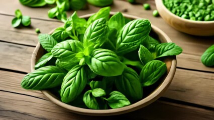 Poster -  Fresh basil leaves in a wooden bowl ready for culinary delight