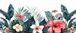 Tropical plants and flowers border a white background in the style of a watercolor illustration