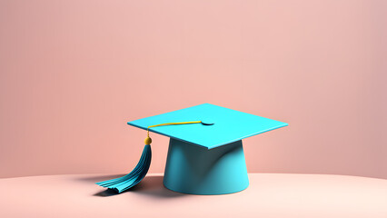 Sticker - A blue graduation cap with a yellow tassel. The cap is sitting on a pink background