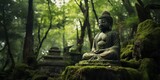 Fototapeta  - Buddha statue in green forest Generative AI