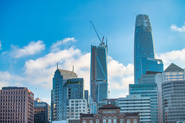 Sticker - San Francisco, CA - August 6, 2017: City streets and buildings on a sunny day at Embarcadero