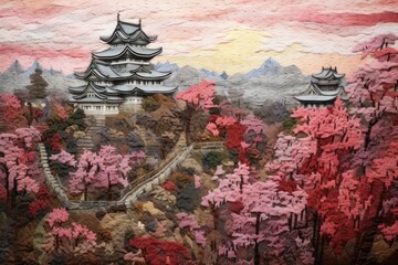 Japanese castle landscape outdoors painting.