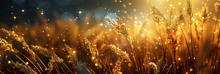 Wall Mural - abstract golden grasses with sparkling lights on dark background