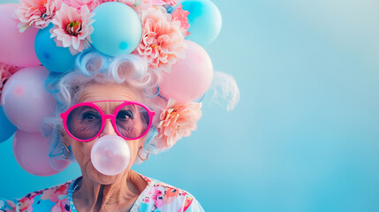 Wall Mural - An eccentric old woman wearing oversized sunglasses blows bubble gum. Her hair is crafted from vibrant pink and blue balloons, adorned with pastel-colored flowers.