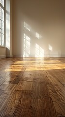 Wall Mural - A room with a hardwood floor and sunlight coming in through the windows, AI