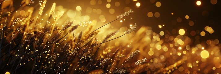 Wall Mural - abstract golden grasses with sparkling lights on dark background