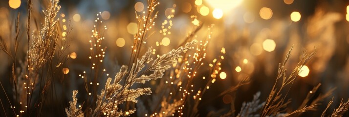 Wall Mural - abstract golden grasses with sparkling lights on dark background