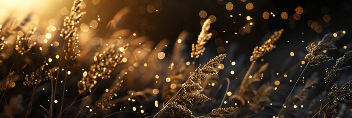 Wall Mural - abstract golden grasses with sparkling lights on dark background