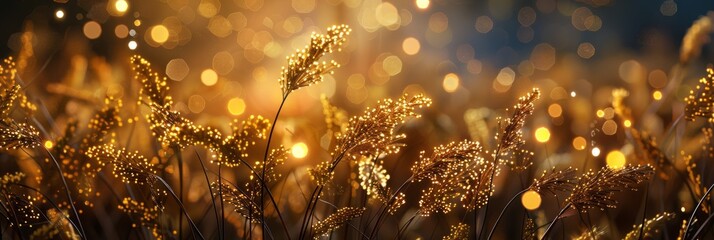 Wall Mural - abstract golden grasses with sparkling lights on dark background