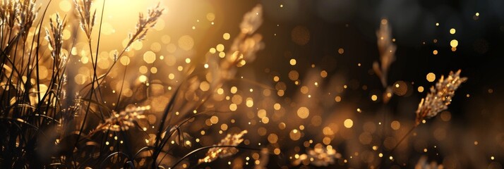 Wall Mural - abstract golden grasses with sparkling lights on dark background