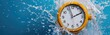 A yellow clock is shown with water splashing around it, creating a dynamic and refreshing visual effect