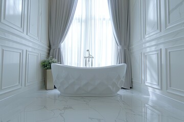 Wall Mural - Elegant bathroom ambiance with a lavish white freestanding bathtub and refined decor