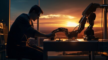 Poster - biomedical engineer working on a prosthetic limb, using precise tools and intricate designs.