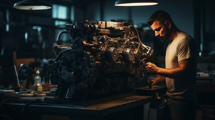 Poster - A silhouette of a mechanical engineer working on a complex engine in a dimly lit workshop.