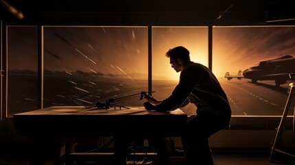 Aufkleber - A silhouette of an aerospace engineer designing a spacecraft in a wind tunnel.