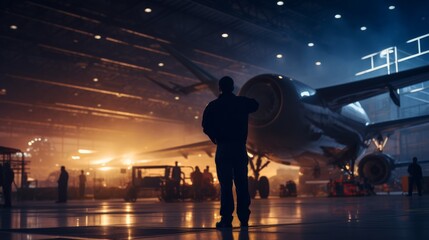 Aufkleber - A silhouette of an aerospace engineer examining a spacecraft in a hangar, preparing it for launch.