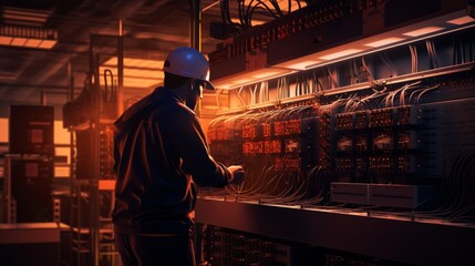 Aufkleber - A silhouette of an electrical engineer fixing a circuit board in a power plant.