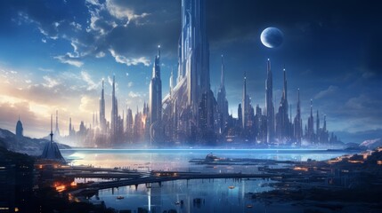 Poster - A stunning depiction of a futuristic cityscape powered by a network of towering hydrogen fuel cells, emitting nothing but clean water vapor.