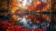 A tranquil pond surrounded by vibrant autumn foliage, the still waters reflecting the fiery hues of the changing season.