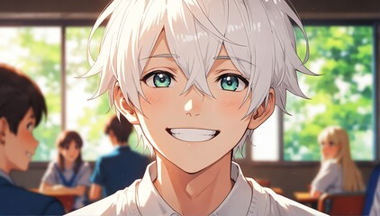 cute anime white hair school boy smiling close-up portrait from Generative AI