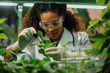 Wall Mural - black female scientist researching on plants in laborotory. concept for biotechnology and genetic mo