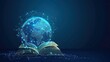 Globe low poly wireframe on blue neon color with open book. Global education concept background