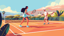 Young Couple Playing Tennis On Court Vector Illustration