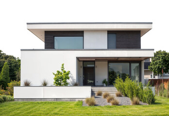 Front view of a modern family friendly white house with garden isolated on a transparent background