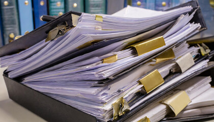 A file filled with documents. pile of documents 