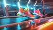 Running shoes with neon green accents, set in a tech-forward scene. Futuristic running shoes with green neon touches in an abstract, glowing setting.