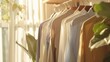 Quality image of sunny day with clean clothes on hangers at indoor dry-cleaning shop