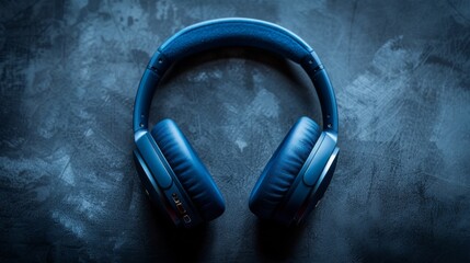 Canvas Print - A pair of blue headphones laying on a dark surface, AI