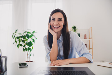 Sticker - Portrait of pretty lady toothy smile video call laptop desktop white interior home office indoors