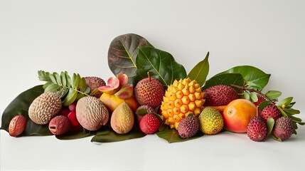 Wall Mural - Studio shot featuring a variety of tropical fruits, including lychees and mangosteens