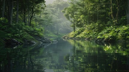 a tranquil river winding its way through a dense forest, the still waters reflecting the verdant fol