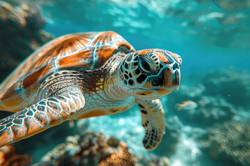 Wall Mural - A hyperrealistic painting of an extreme close up portrait of a sea turtle in the water, looking at the camera. Created with Ai