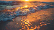 Sea waves on the beach at sunset. Close up view select
