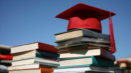 Poster - A stack of books with a red cap on top. The books are piled on top of each other