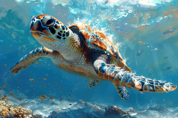 Wall Mural - A majestic sea turtle gracefully gliding through the crystal clear waters. Created with Ai