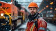Man in Hard Hat Standing in Front of Train