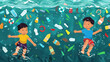 children swim in a river made of garbage. ecological disaster. Environment pollution problem.