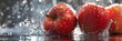 Red ripe sweet apple on a white plate poured with water from a shower sanitizing fruit close-up macro photography. 
